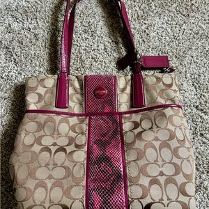 Coach Beige Signature Canvas Tote with Fuchsia Trim